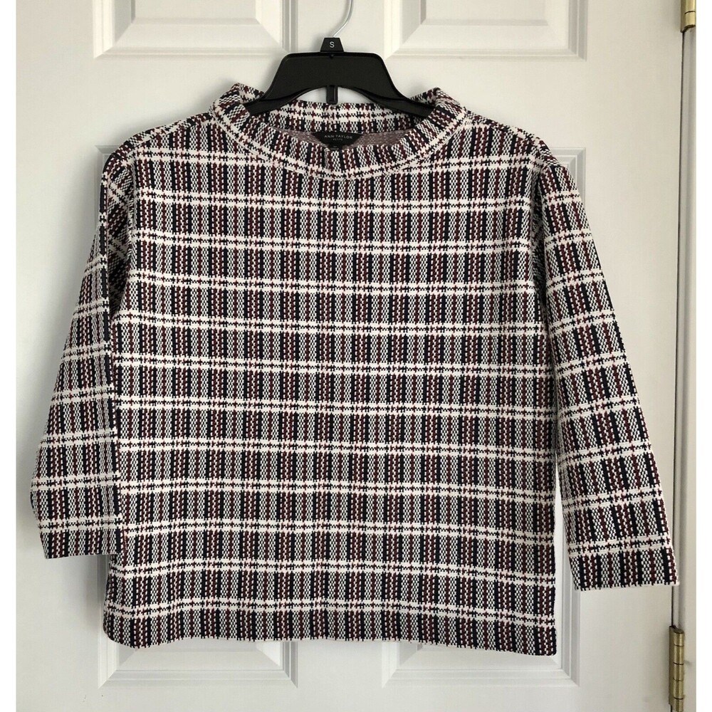 Ann Taylor Sweater Size Medium Petite Tartan Plaid Pullover 3/4 Sleeve Mock Neck